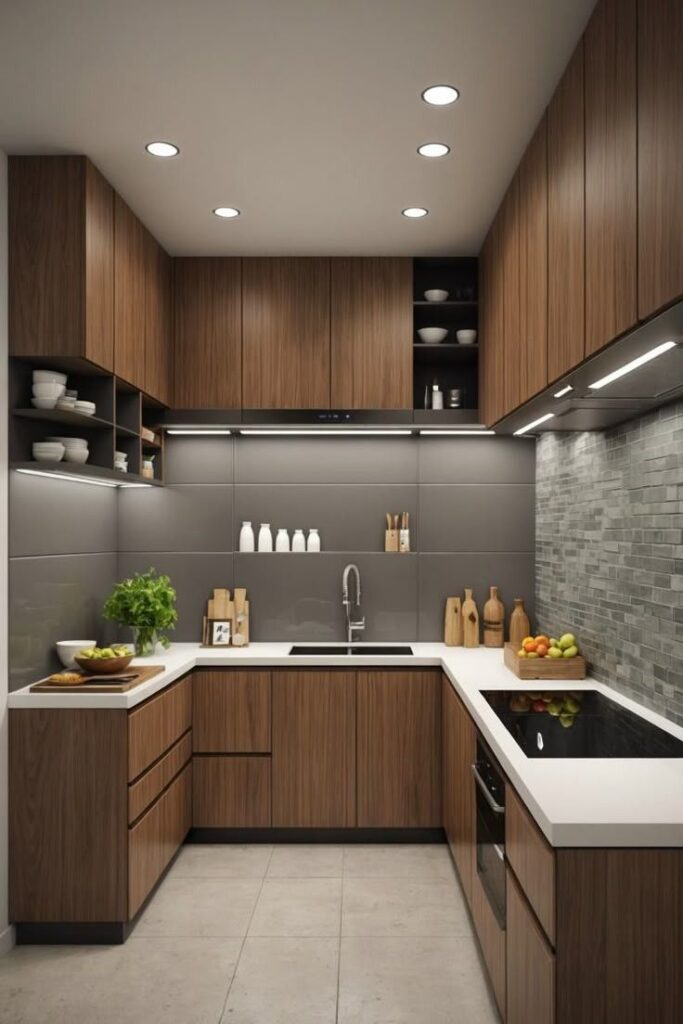 Modern U-shaped modular kitchen with wooden cabinets, matte grey backsplash, built-in appliances, and smart storage design in an Andheri apartment.