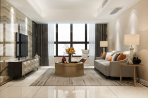 2BHK interior design with modern living room, modular kitchen, bedroom, wardrobe, and false ceiling design.