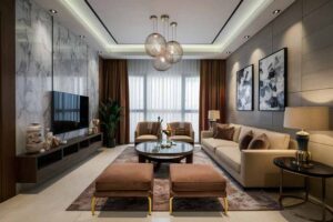 3BHK interior design with luxury living room, modular kitchen, modern bedrooms, wardrobe, and false ceiling design.