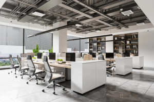 Modern office interior design with workstations, glass partitions, reception area, and modern lighting.