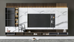 Modern TV unit design with wall panel and floating cabinet in living room.