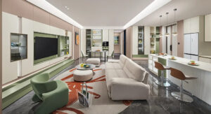Turnkey interior project in Bandra Mumbai including living room, modular kitchen, bedroom, wardrobe, and false ceiling work.
