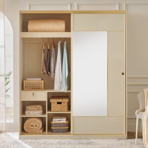 Modern sliding wardrobe design in Bandra Mumbai with open shelves, hanging space, drawers, and loft storage in a compact bedroom.